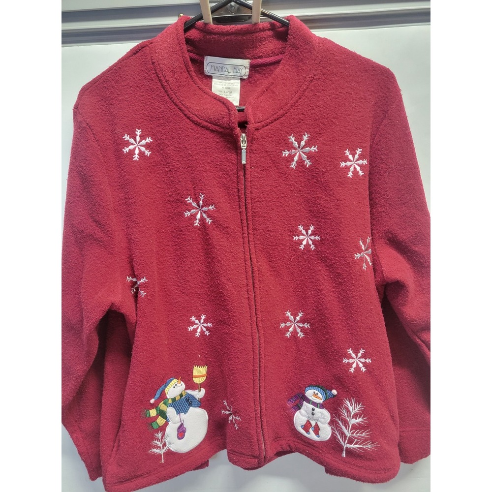 Mandal‎ Bay Red Fleece Zip-Up Sweater jacket sz L Snowman Ugly Christmas